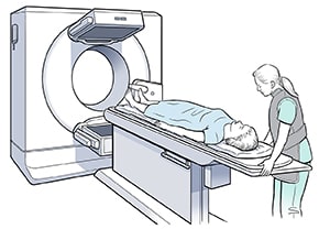 Person lying on scanner table.